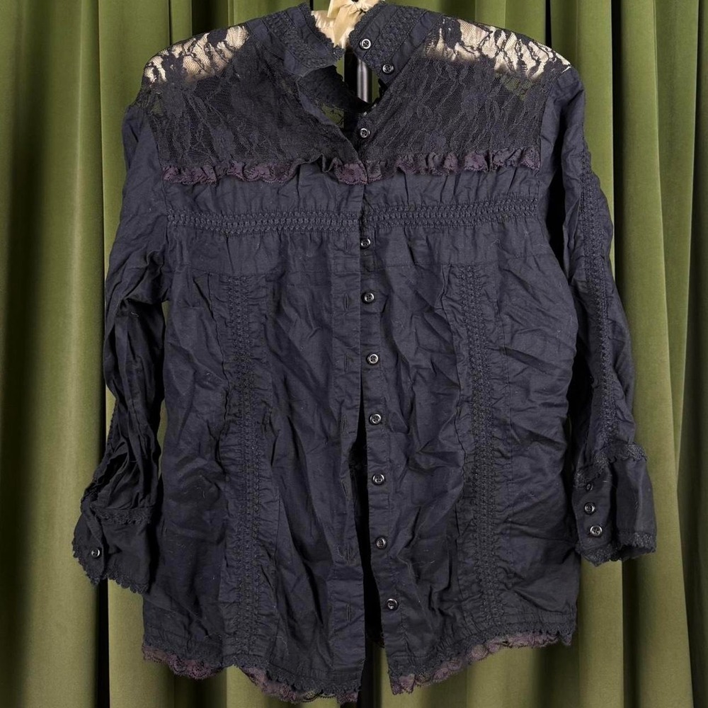 Mixit Women Vintage Black Lace Button Up Blouse Ruffle Victorian Top Large